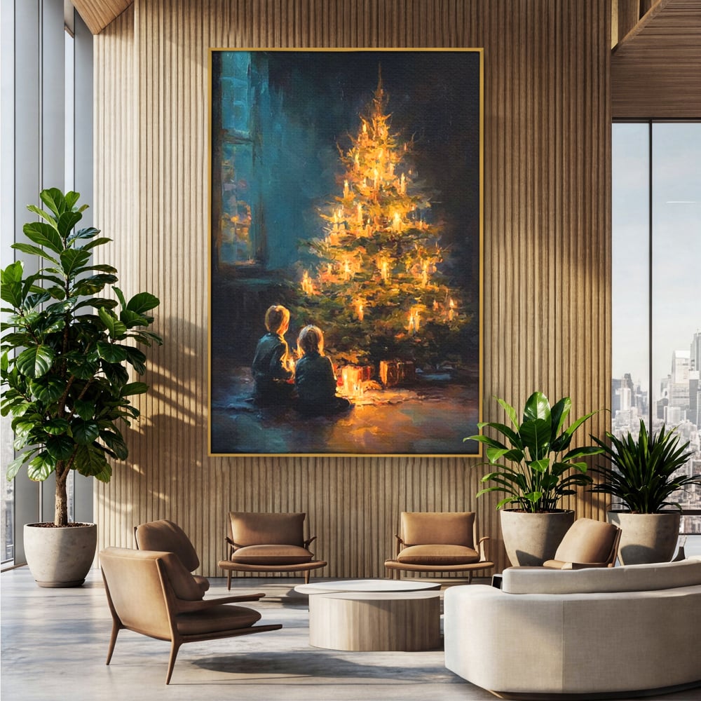 Tablou canvas cu pictura copii brad de craciun, in rama de aluminiu auriu, pe perete intr-un birou