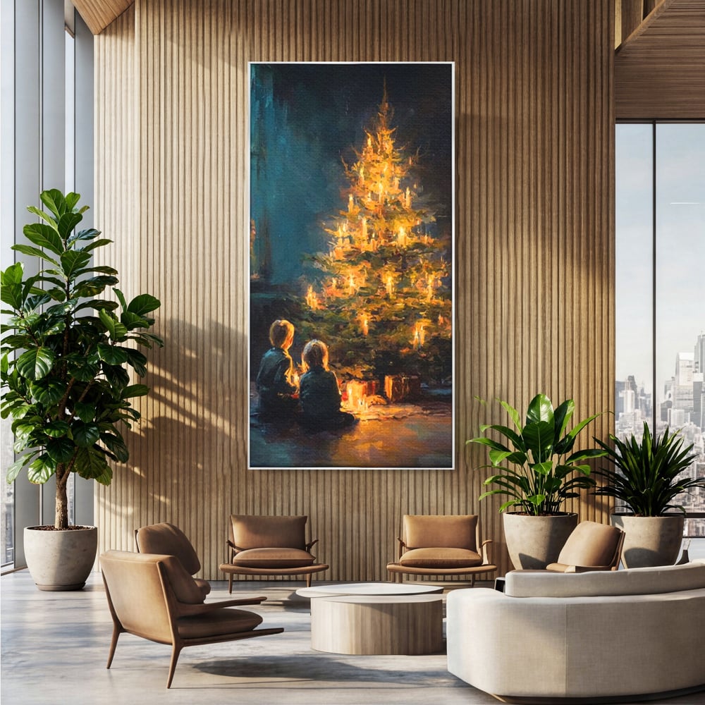 Tablou canvas cu pictura copii brad de craciun, in rama de aluminiu argintiu, pe perete intr-un birou