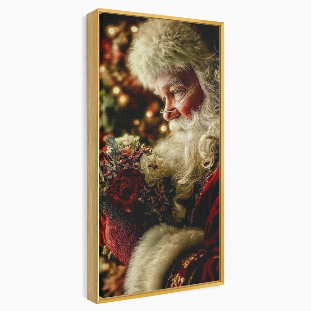Tablou canvas cu portret ilustrativ cu mos craciun, in rama de aluminiu auriu