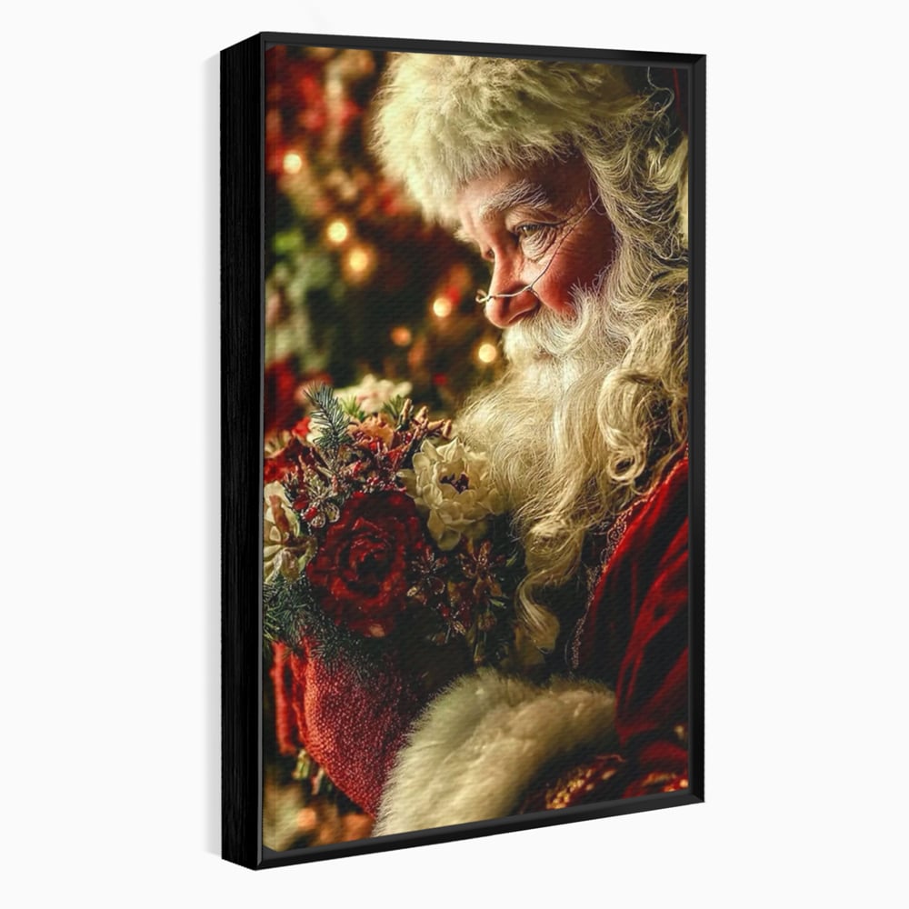 Tablou canvas cu portret ilustrativ cu mos craciun, in rama de aluminiu negru