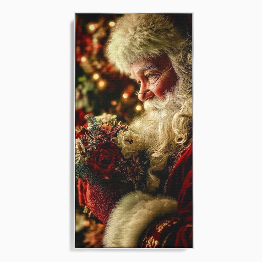 Tablou canvas cu portret ilustrativ cu mos craciun, in rama de aluminiu argintiu