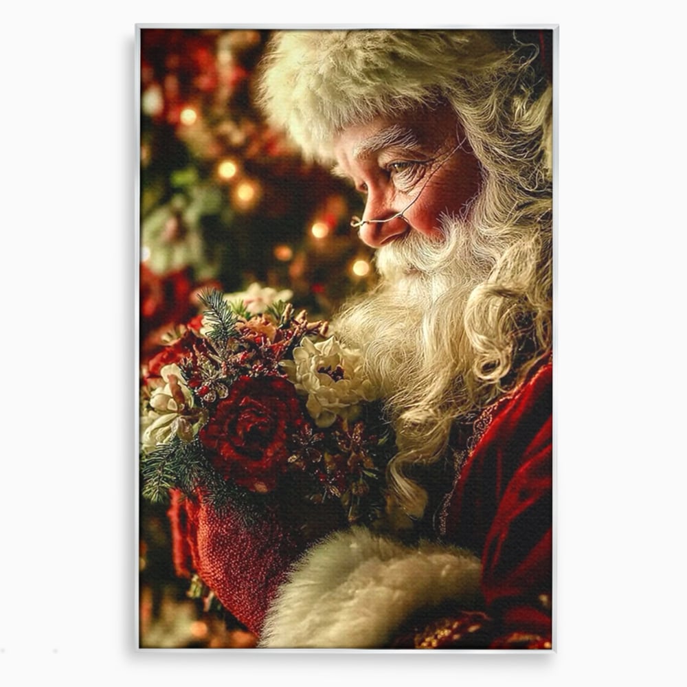 Tablou canvas cu portret ilustrativ cu mos craciun, in rama de aluminiu argintiu