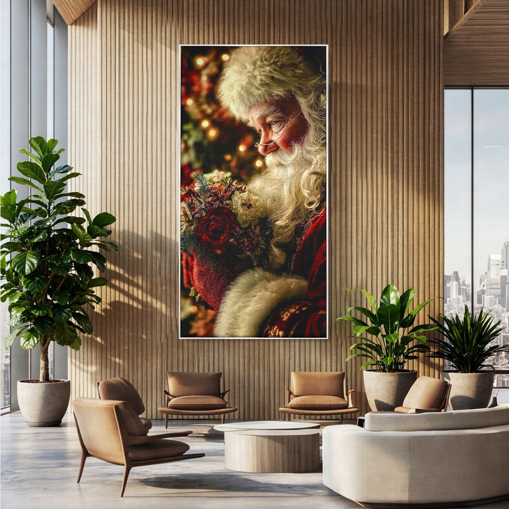 Tablou canvas cu portret ilustrativ cu mos craciun, in rama de aluminiu argintiu, pe perete intr-un birou