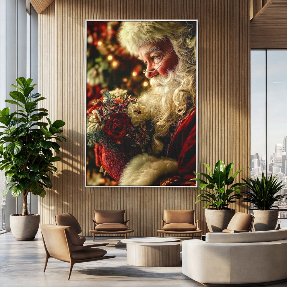 Tablou canvas cu portret ilustrativ cu mos craciun, in rama de aluminiu argintiu, pe perete intr-un birou