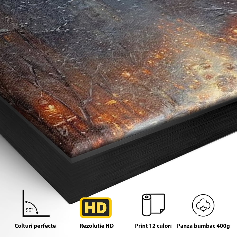 Detaliu al suprafetei: pictura cu bulevard inzapezit si masini, in rama de aluminiu negru