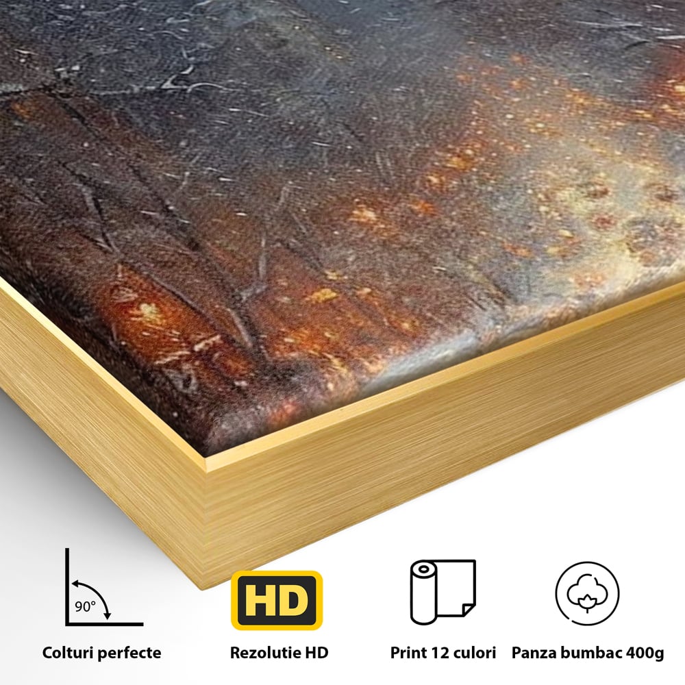 Detaliu al suprafetei: pictura cu bulevard inzapezit si masini, in rama de aluminiu auriu