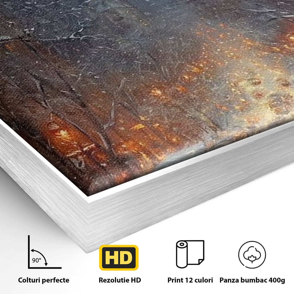 Detaliu al suprafetei: pictura cu bulevard inzapezit si masini, in rama de aluminiu argintiu