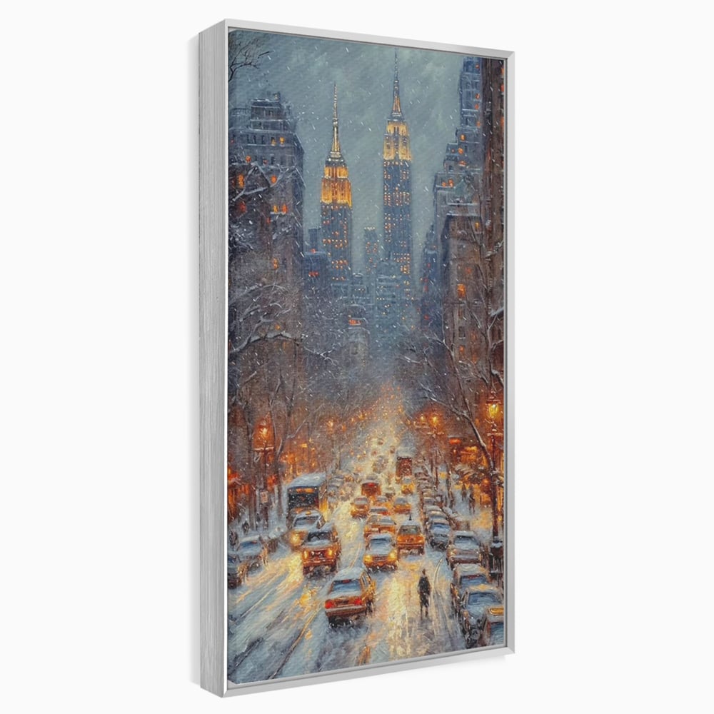 Tablou canvas cu pictura cu bulevard inzapezit si masini, in rama de aluminiu argintiu