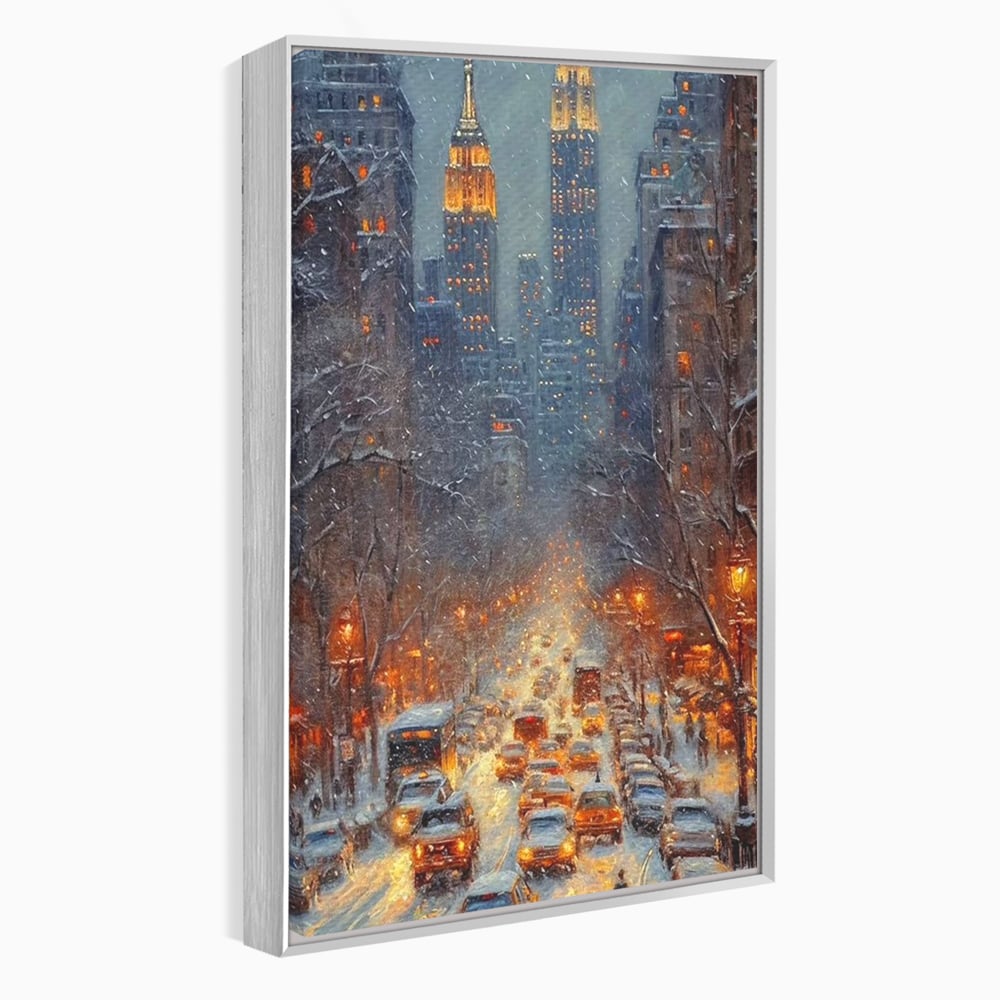 Tablou canvas cu pictura cu bulevard inzapezit si masini, in rama de aluminiu argintiu