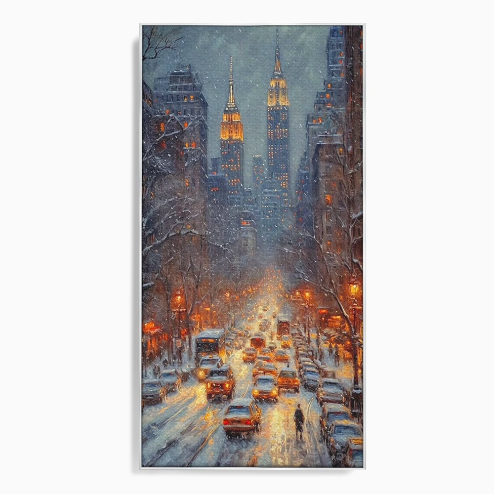 Tablou canvas cu pictura cu bulevard inzapezit si masini, in rama de aluminiu argintiu