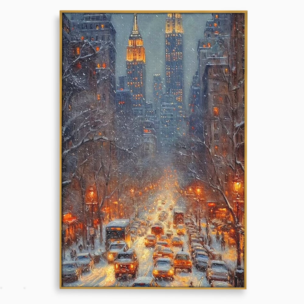 Tablou canvas cu pictura cu bulevard inzapezit si masini, in rama de aluminiu auriu