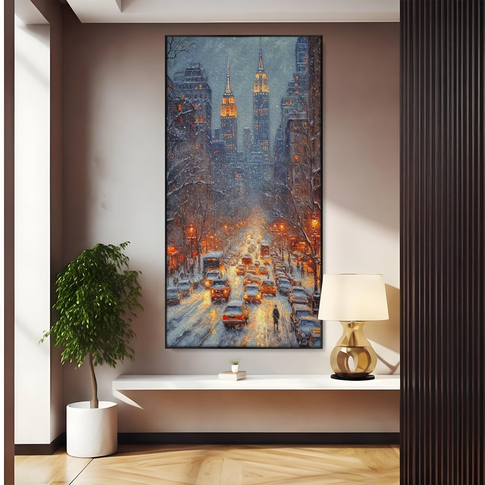 Tablou canvas cu pictura cu bulevard inzapezit si masini, in rama de aluminiu negru