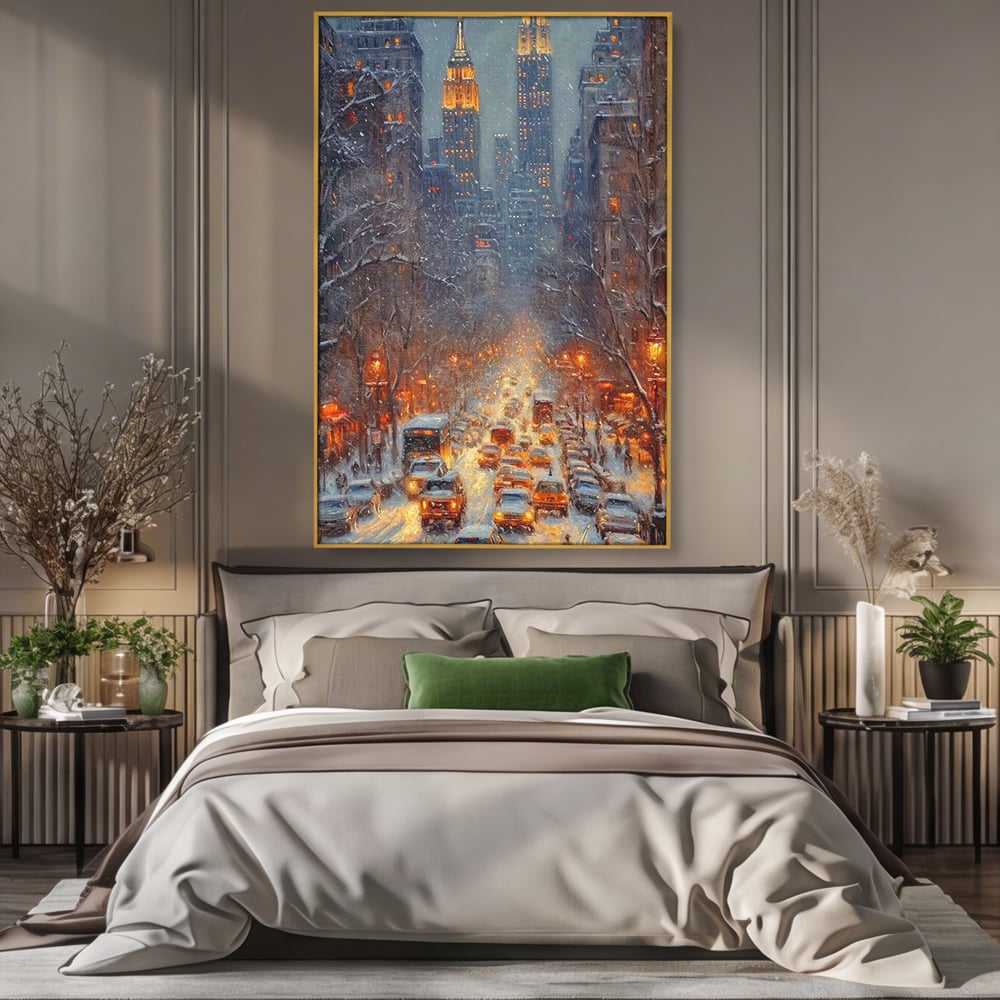 Tablou canvas cu pictura cu bulevard inzapezit si masini, in rama de aluminiu auriu, pe perete intr-un dormitor