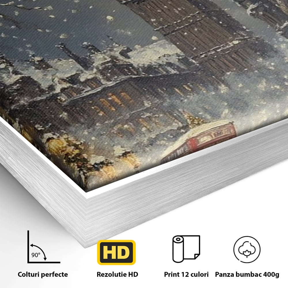 Detaliu al suprafetei: ilustratie iarna cu turnul ceasului, in rama de aluminiu argintiu