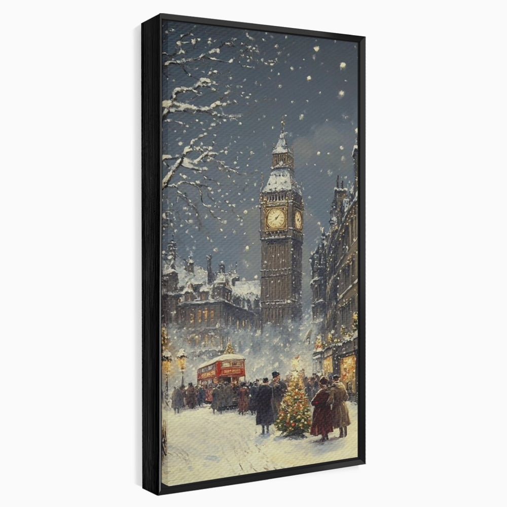 Tablou canvas cu ilustratie iarna cu turnul ceasului, in rama de aluminiu negru
