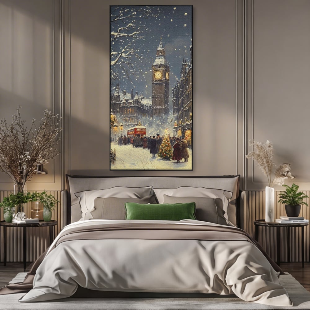 Tablou canvas cu ilustratie iarna cu turnul ceasului, in rama de aluminiu negru, pe perete intr-un dormitor