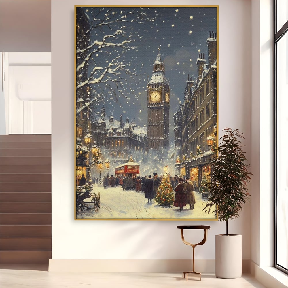 Tablou canvas cu ilustratie iarna cu turnul ceasului, in rama de aluminiu auriu