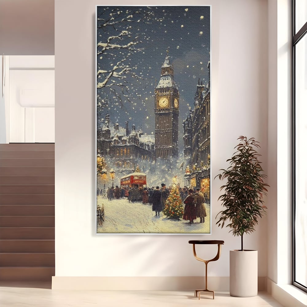 Tablou canvas cu ilustratie iarna cu turnul ceasului, in rama de aluminiu argintiu