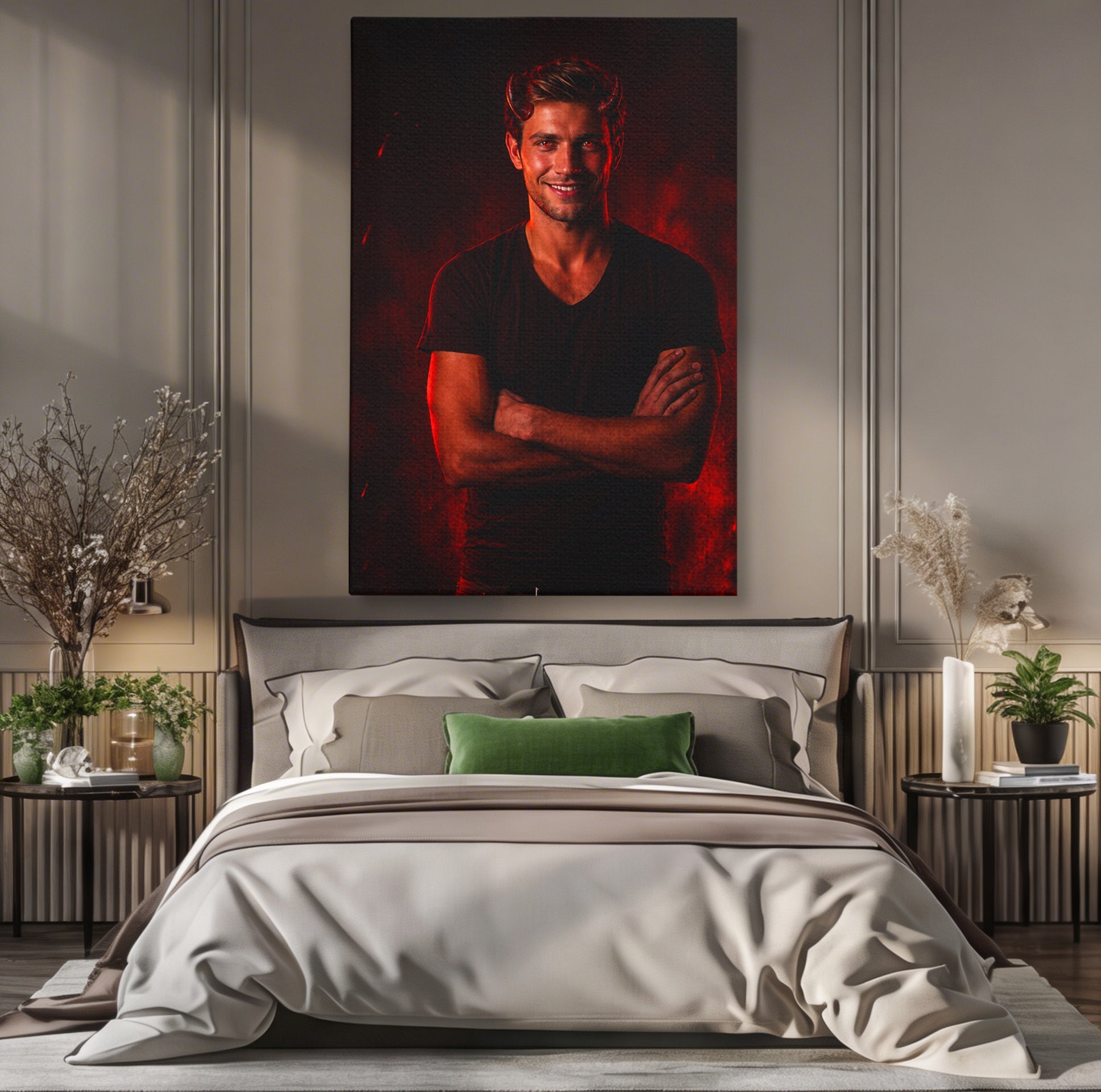 Tablou canvas cu tablou personalizat cu barbat demonic pe fond negru, pe perete intr-un dormitor