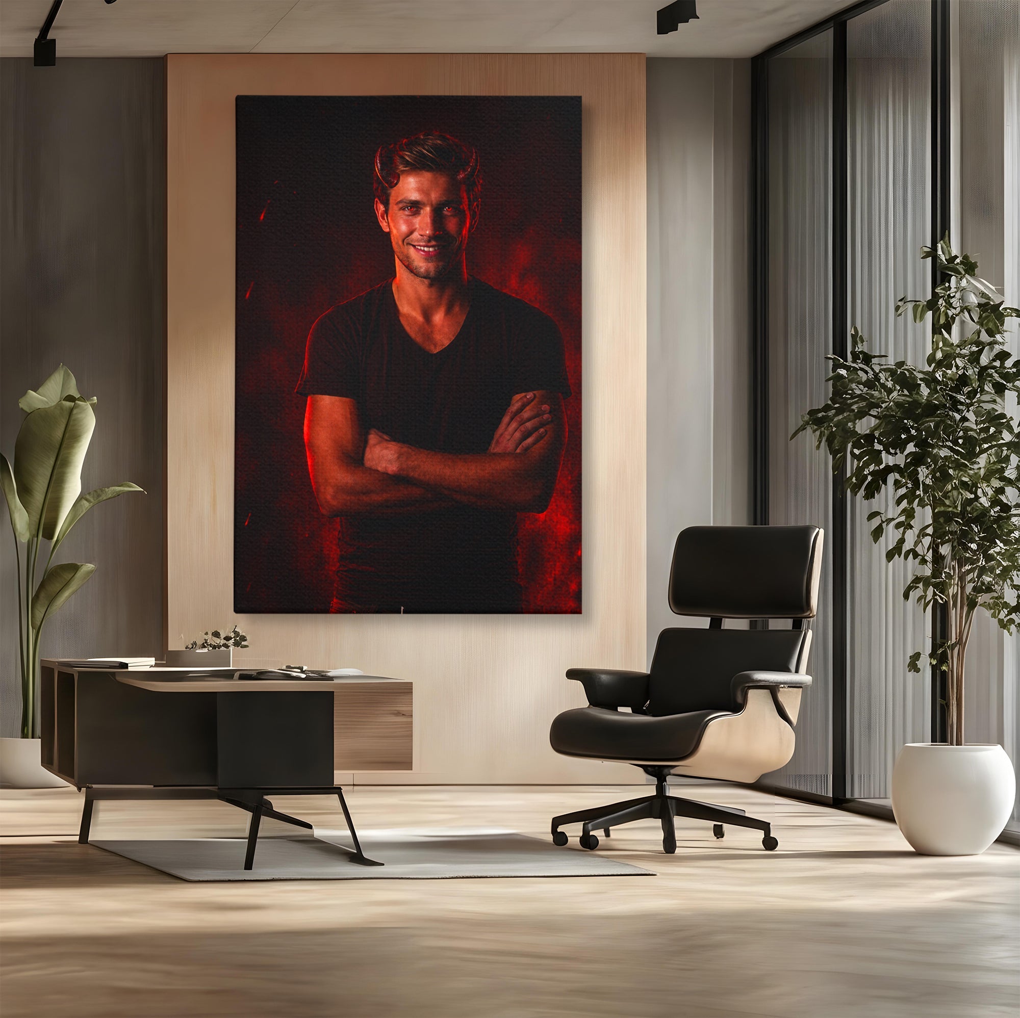 Tablou canvas cu tablou personalizat cu barbat demonic pe fond negru, pe perete intr-un birou
