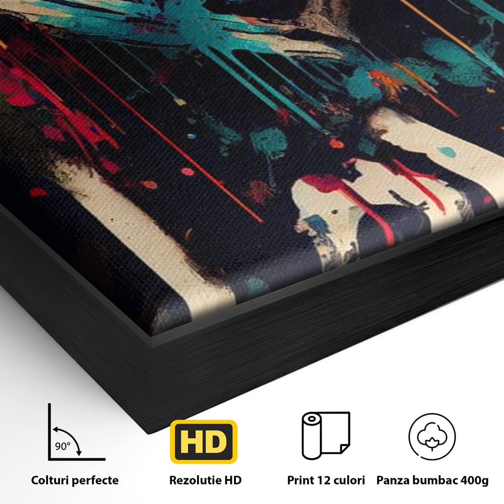 Detaliu al suprafetei: tablou canvas cu inima graffiti si cuvantul love, in rama de aluminiu negru