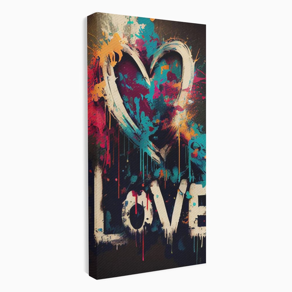 Tablou canvas cu tablou canvas cu inima graffiti si cuvantul love, fara rama, pe sasiu de lemn