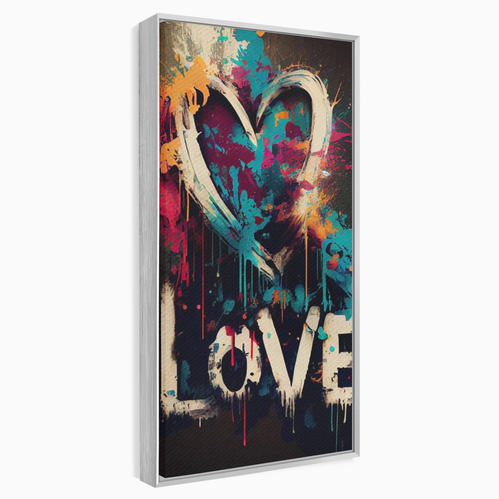 Tablou canvas cu tablou canvas cu inima graffiti si cuvantul love, in rama de aluminiu argintiu