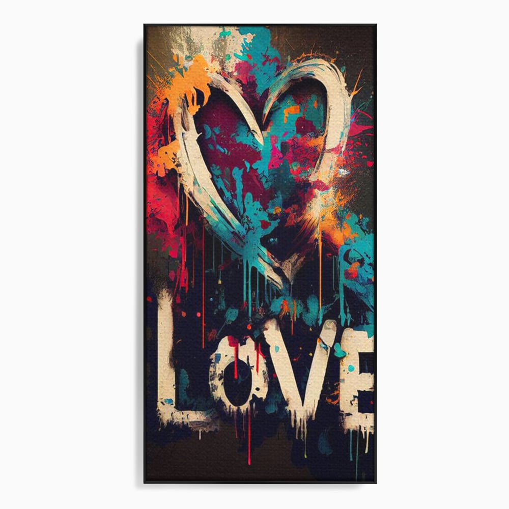 Tablou canvas cu tablou canvas cu inima graffiti si cuvantul love, in rama de aluminiu negru