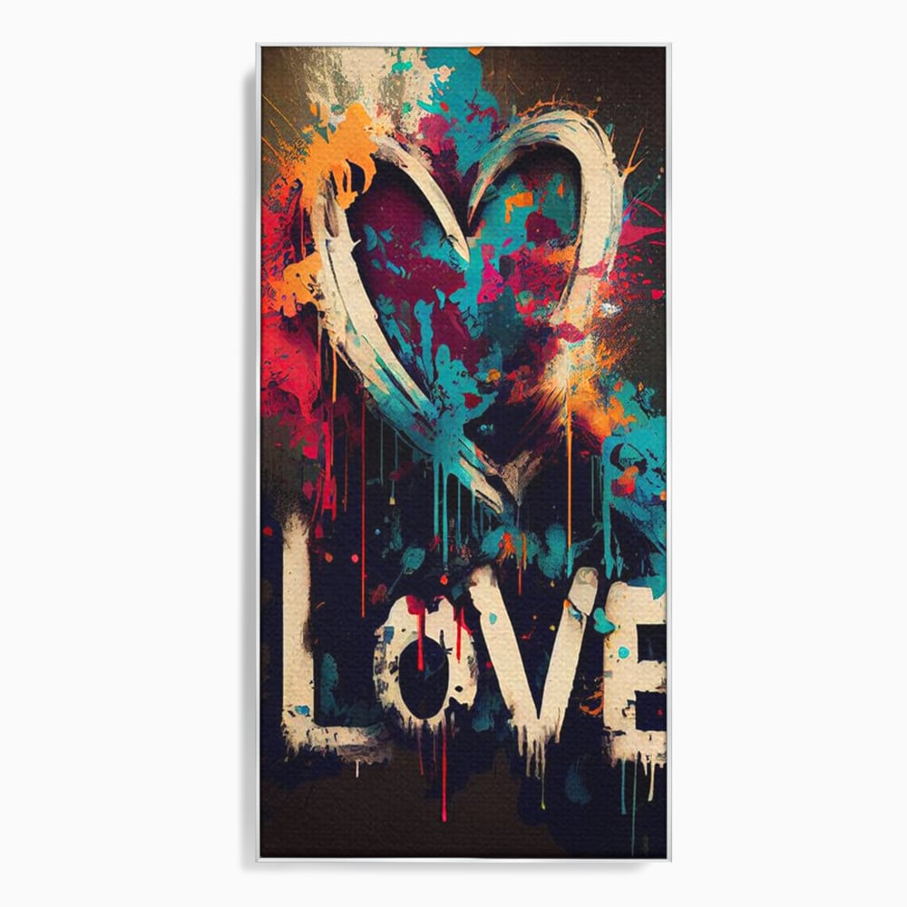 Tablou canvas cu tablou canvas cu inima graffiti si cuvantul love, in rama de aluminiu argintiu