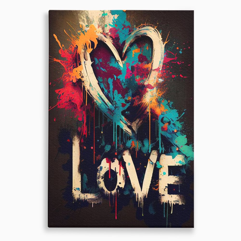Tablou canvas cu tablou canvas cu inima graffiti si cuvantul love, fara rama, pe sasiu de lemn