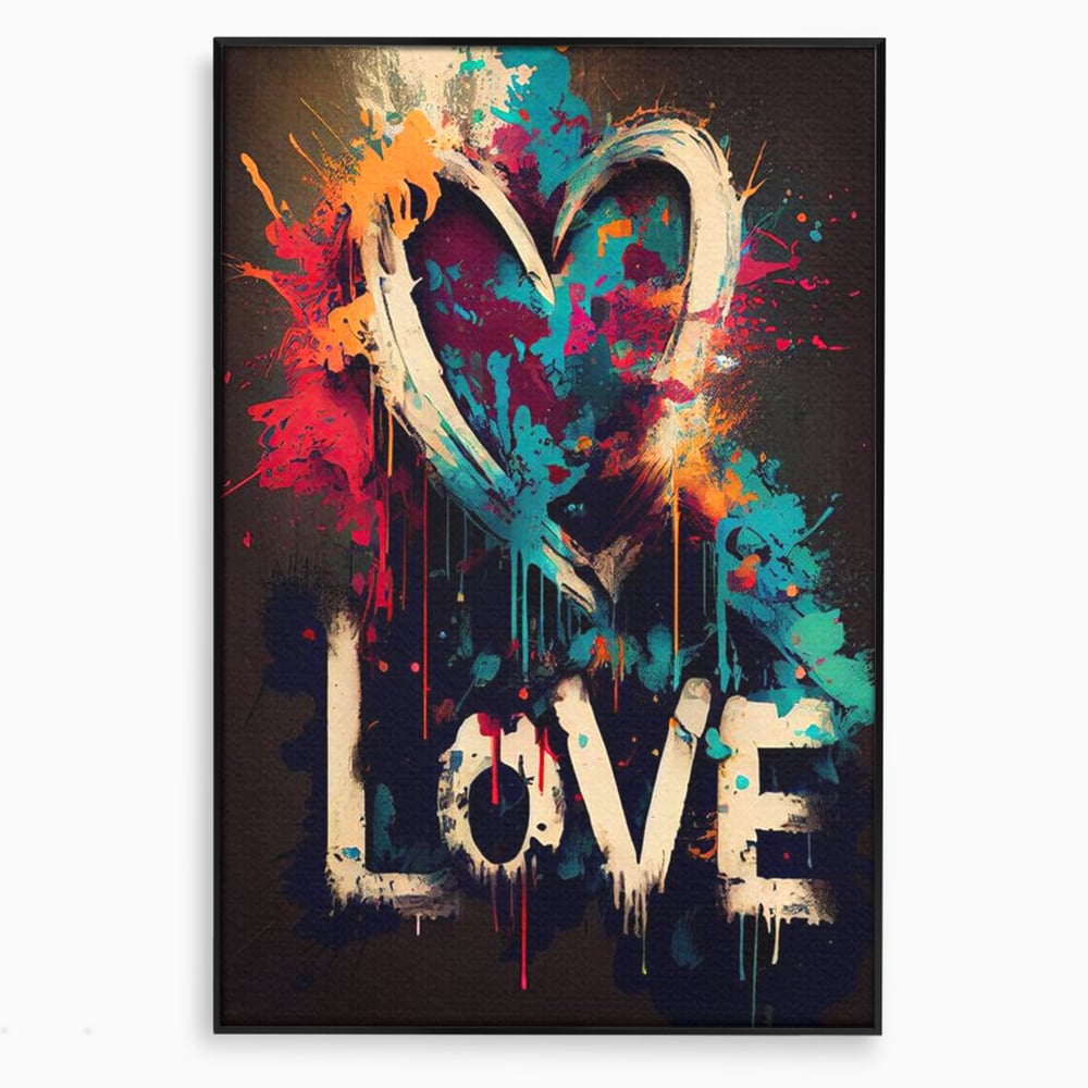 Tablou canvas cu tablou canvas cu inima graffiti si cuvantul love, in rama de aluminiu negru