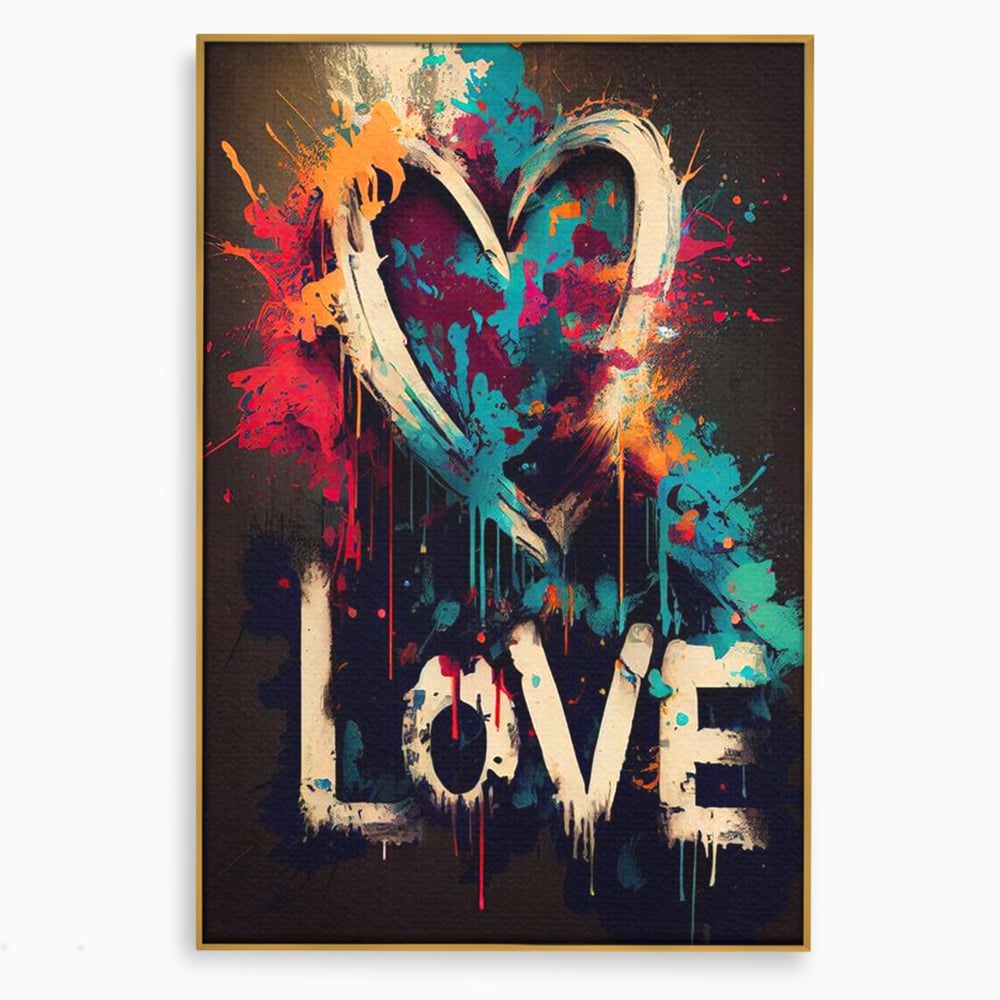 Tablou canvas cu tablou canvas cu inima graffiti si cuvantul love, in rama de aluminiu auriu