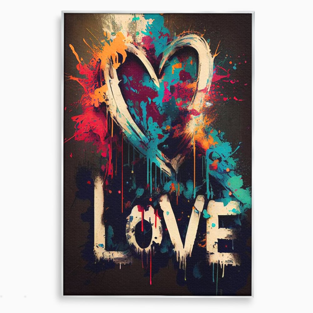 Tablou canvas cu tablou canvas cu inima graffiti si cuvantul love, in rama de aluminiu argintiu