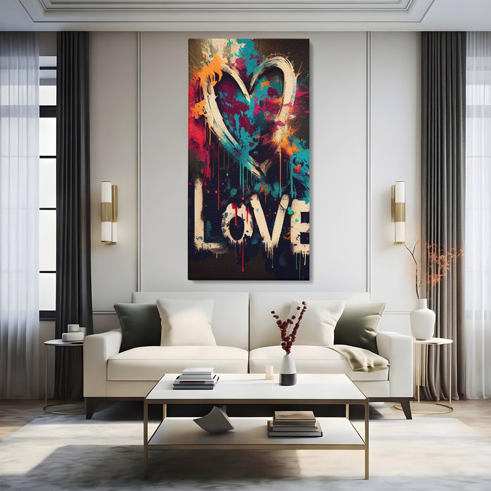 Tablou canvas cu tablou canvas cu inima graffiti si cuvantul love, fara rama, pe sasiu de lemn, pe perete intr-un living