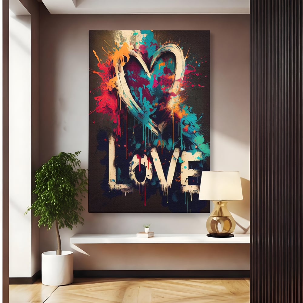 Tablou canvas cu tablou canvas cu inima graffiti si cuvantul love, fara rama, pe sasiu de lemn