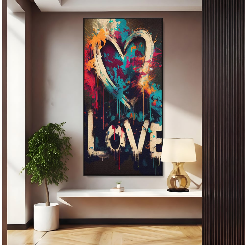 Tablou canvas cu tablou canvas cu inima graffiti si cuvantul love, in rama de aluminiu negru