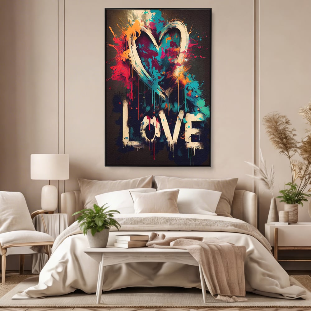 Tablou canvas cu tablou canvas cu inima graffiti si cuvantul love, in rama de aluminiu negru, pe perete intr-un dormitor