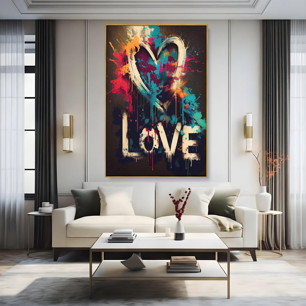 Tablou canvas cu tablou canvas cu inima graffiti si cuvantul love, in rama de aluminiu auriu, pe perete intr-un living