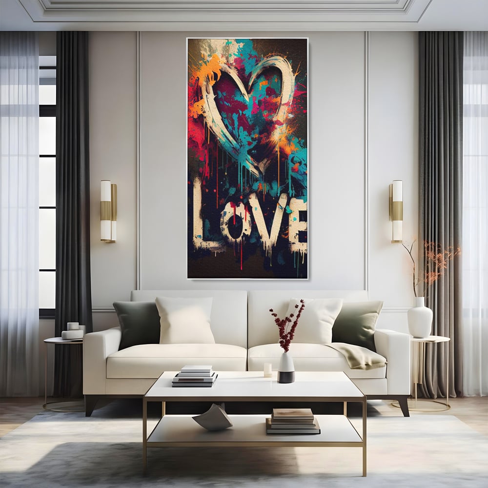 Tablou canvas cu tablou canvas cu inima graffiti si cuvantul love, in rama de aluminiu argintiu, pe perete intr-un living