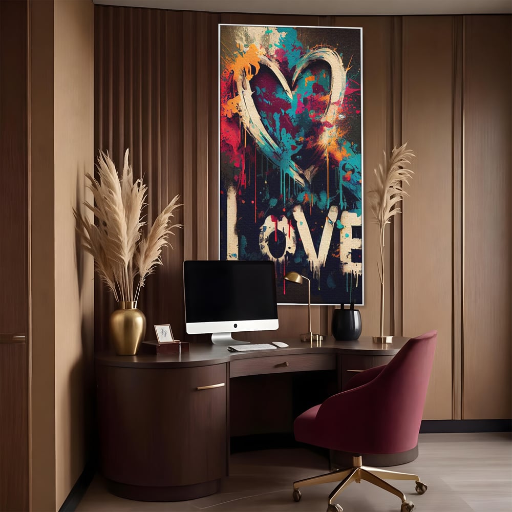 Tablou canvas cu tablou canvas cu inima graffiti si cuvantul love, in rama de aluminiu argintiu, pe perete intr-un birou