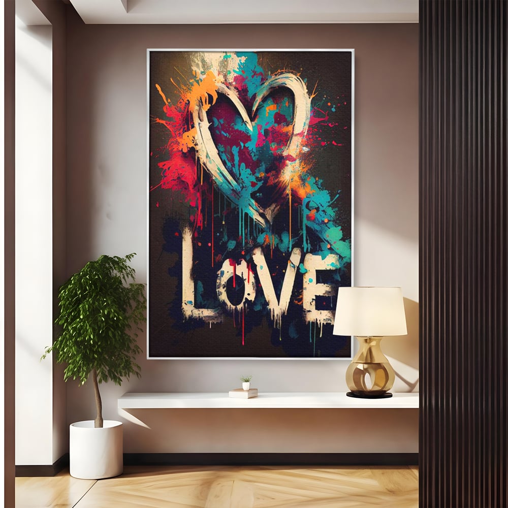 Tablou canvas cu tablou canvas cu inima graffiti si cuvantul love, in rama de aluminiu argintiu