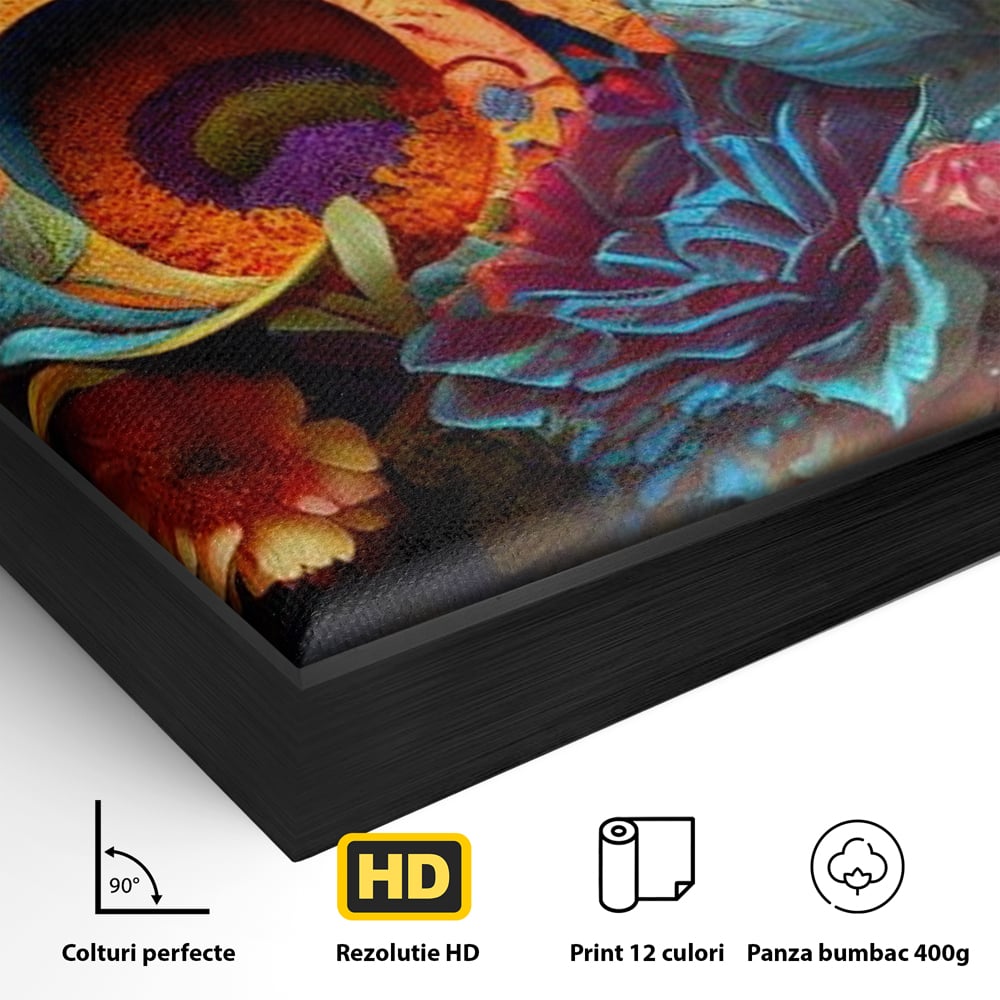 Detaliu al suprafetei: tablou canvas cu litere florale stilizate, in rama de aluminiu negru