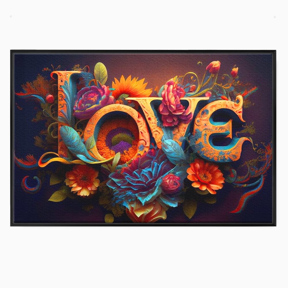 Tablou canvas cu tablou canvas cu litere florale stilizate, in rama de aluminiu negru