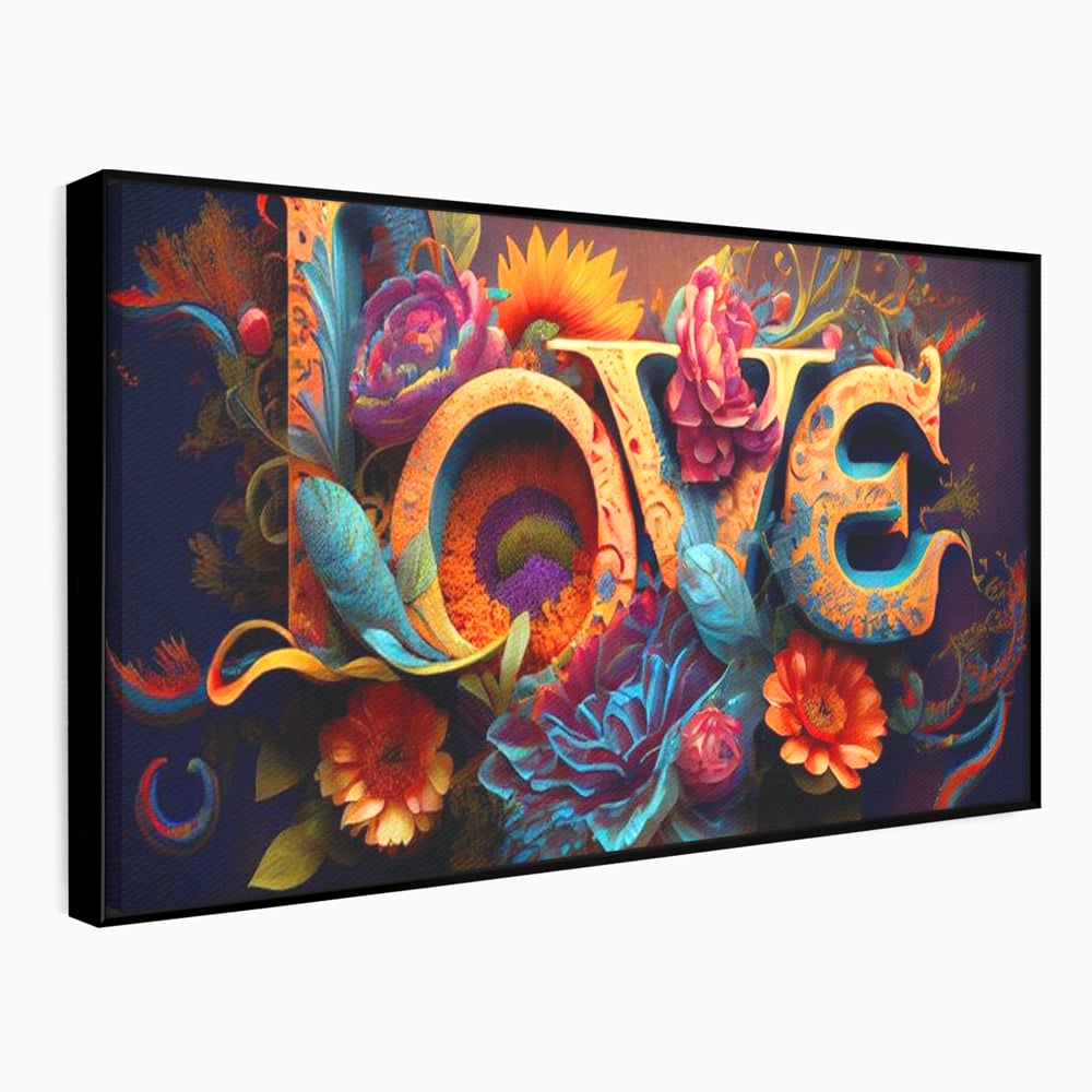 Tablou canvas cu tablou canvas cu litere florale stilizate, in rama de aluminiu negru