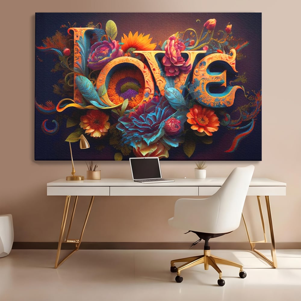 Tablou canvas cu tablou canvas cu litere florale stilizate, fara rama, pe sasiu de lemn, pe perete intr-un birou