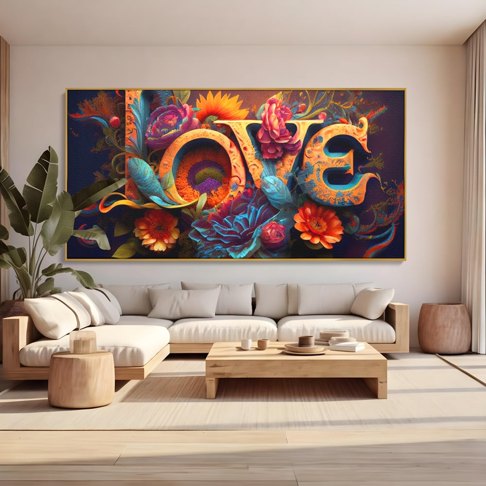 Tablou canvas cu tablou canvas cu litere florale stilizate, in rama de aluminiu auriu, pe perete intr-un living