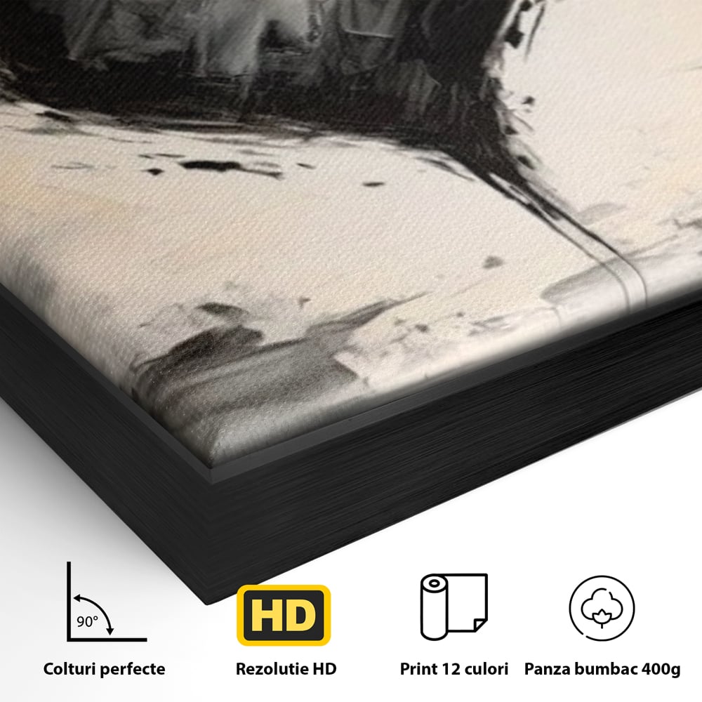 Detaliu al suprafetei: tablou abstract cu inima neagra, in rama de aluminiu negru