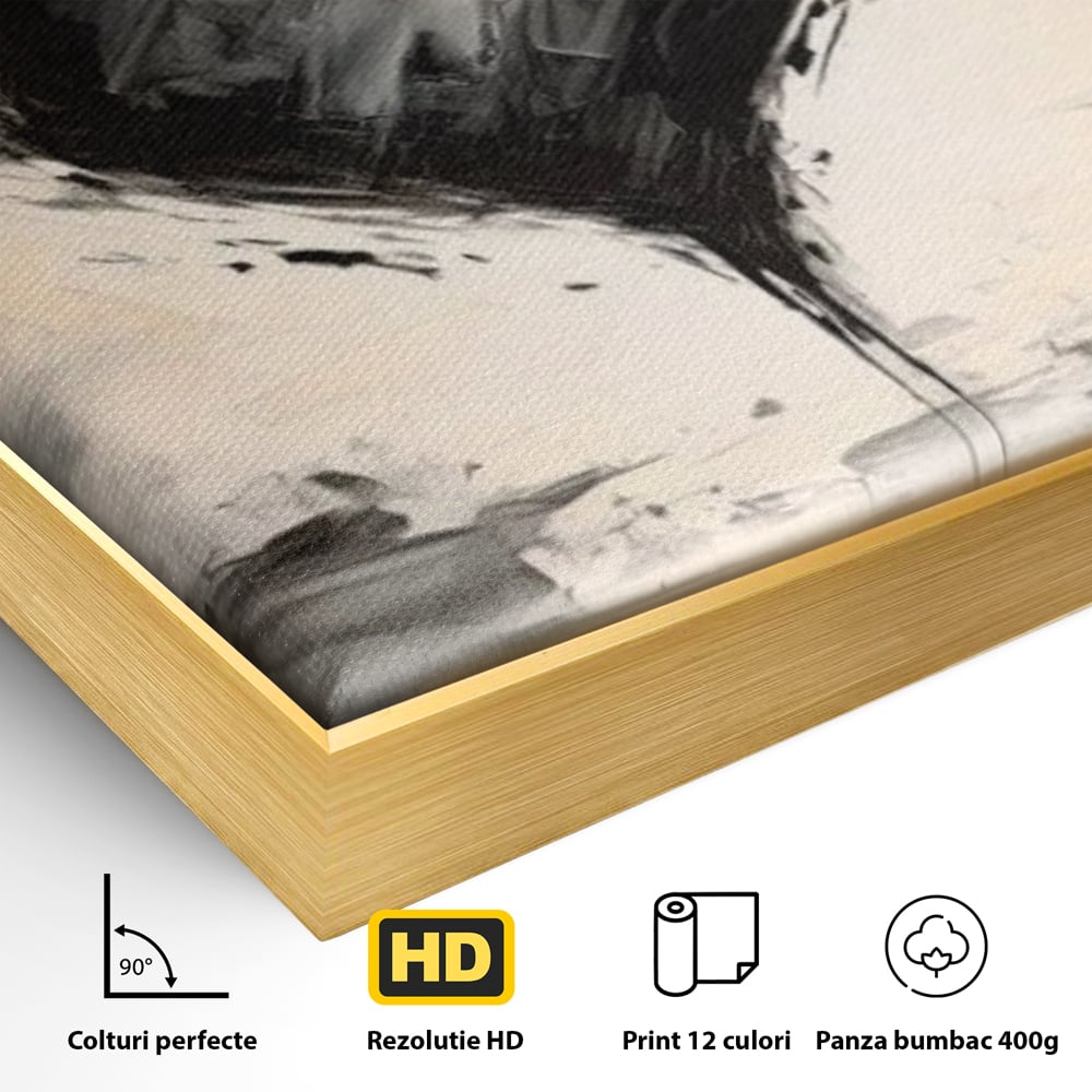 Detaliu al suprafetei: tablou abstract cu inima neagra, in rama de aluminiu auriu