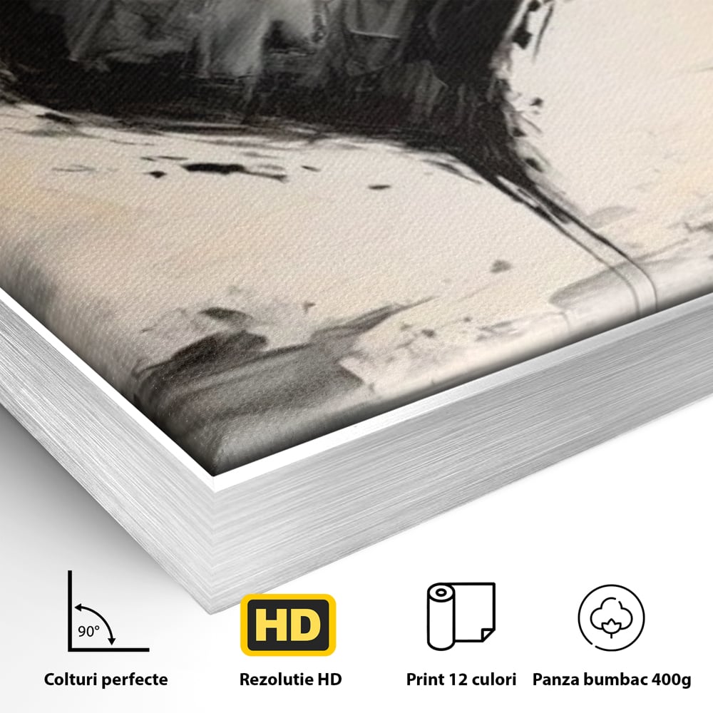Detaliu al suprafetei: tablou abstract cu inima neagra, in rama de aluminiu argintiu