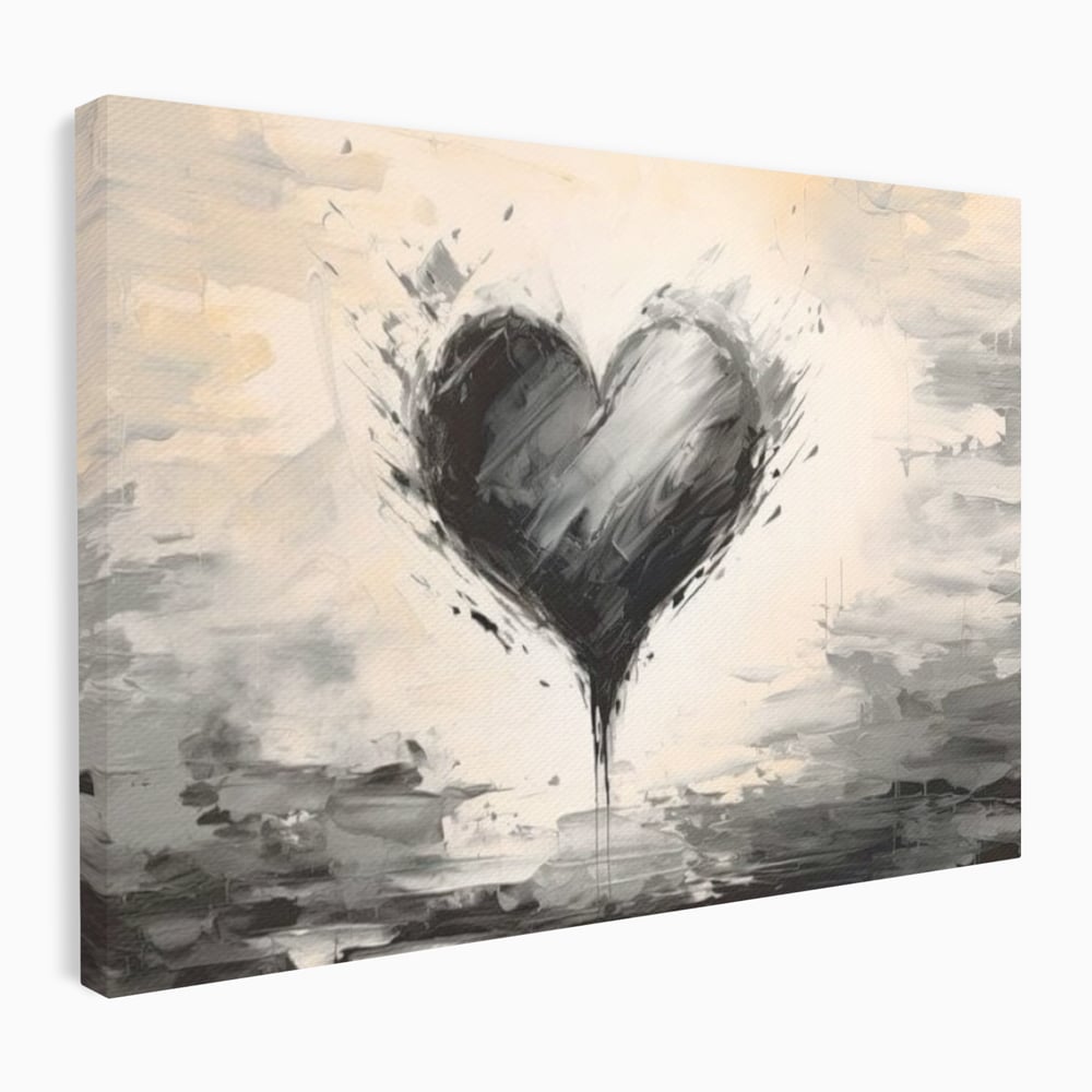 Tablou canvas cu tablou abstract cu inima neagra, fara rama, pe sasiu de lemn
